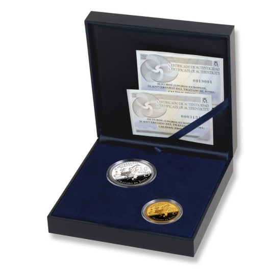 estuche de 2 monedas. 200 euros de oro y 10 euros de plata